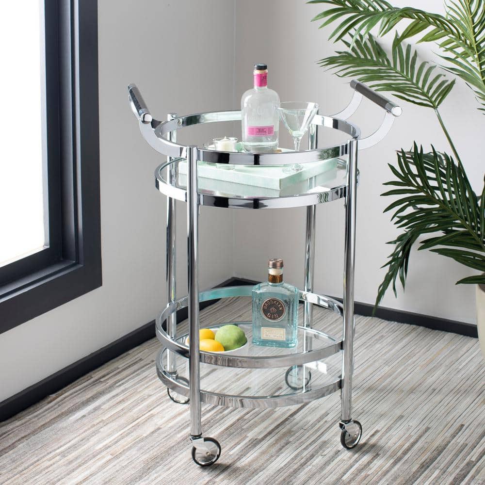 Transitional Chrome 24" Round Bar Cart with Glass Tiers