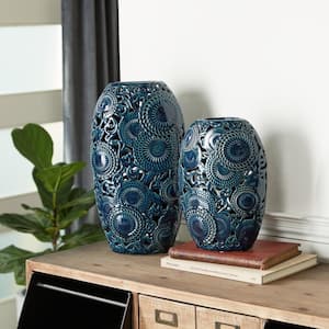 Blue Ceramic Floral Decorative Vase with Cut Out Patterns (Set of 2)