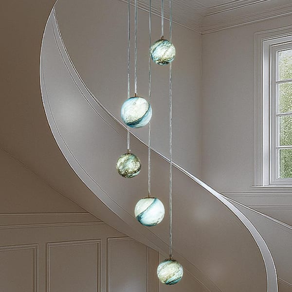 12 in. 5-Light Matte Black Modern Glass Globe Staircase Chandelier with Blue and Gray Coastal Handcrafted Glazed Glass