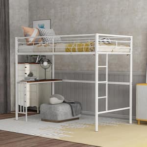 White Twin Size Metal Loft Bed with Desk, Loft Bed with Full-Length Guardrail, No Box Spring Needed