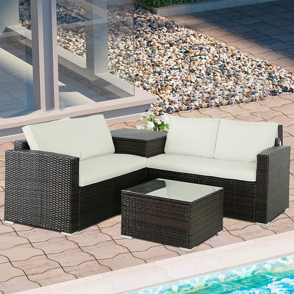 4-Piece Dark Brown Rattan Wicker Patio Conversation Set with White-Beige Cu