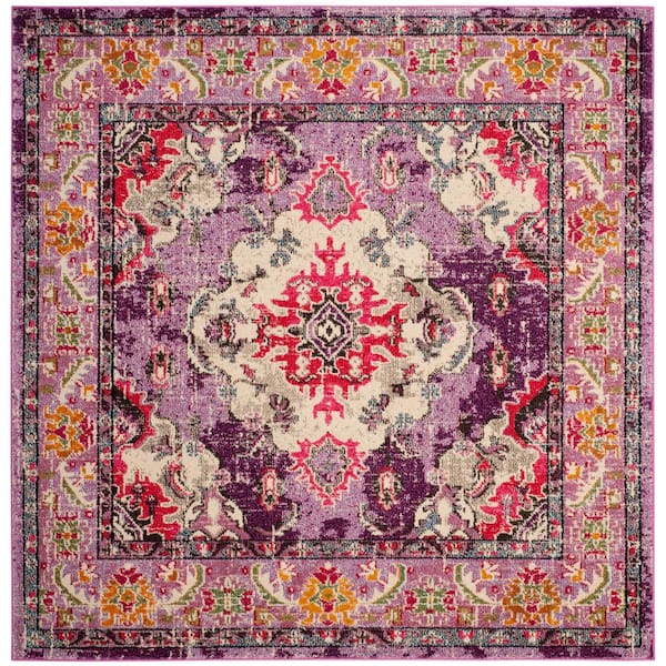 SAFAVIEH Monaco Violet/Fuchsia 5 ft. x 5 ft. Distressed Border Medallion Square Area Rug