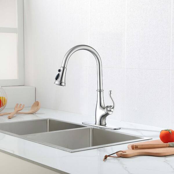 Satico Single Handle Stainless Steel Sink With Pull Down Sprayer Kitchen Solid Brass Faucets