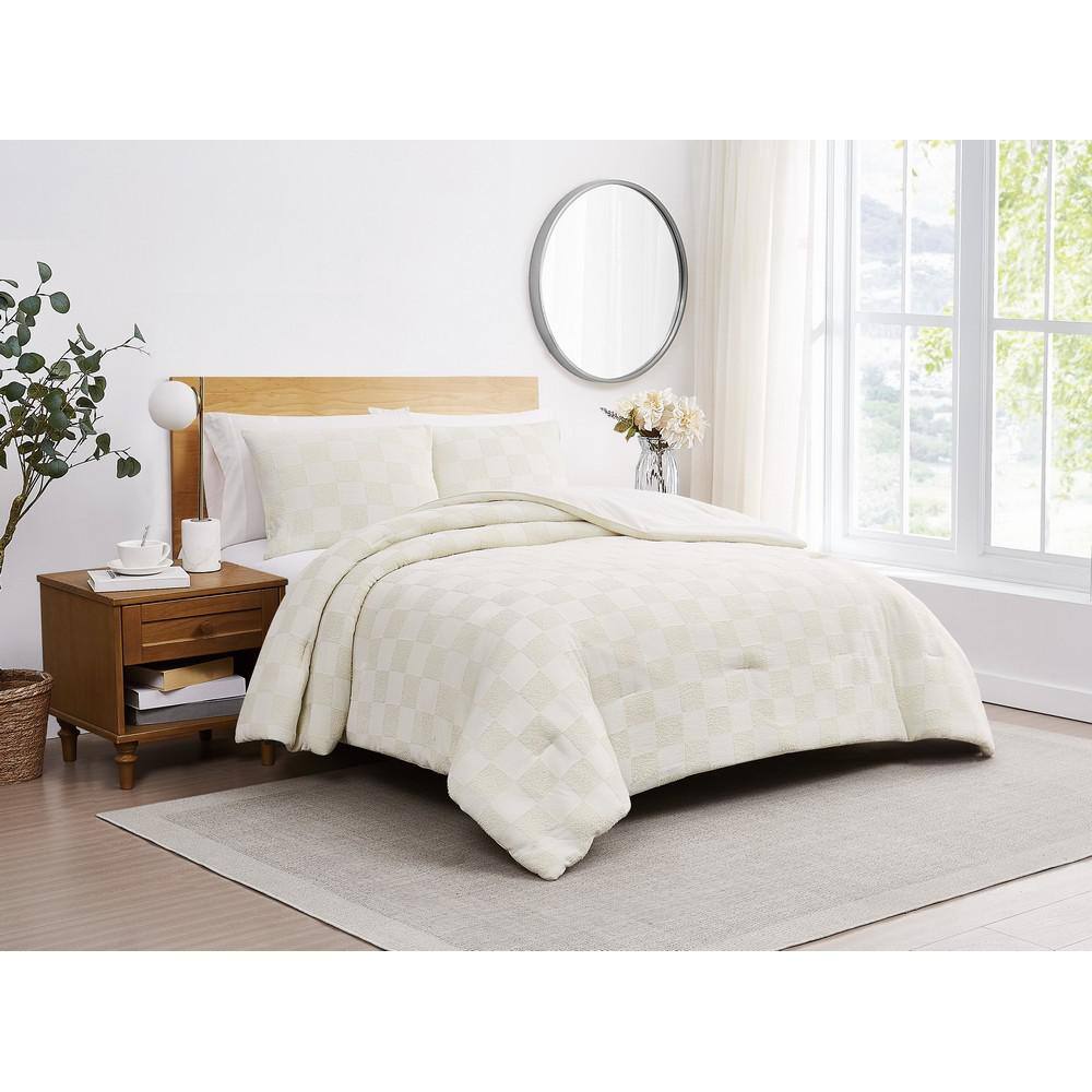 Cream Textured Checkered Queen Duvet Cover Set
