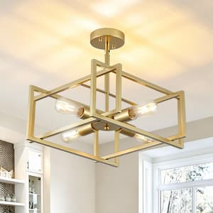 18.9 in. Close-to-Ceiling Matte Gold Square Semi-Flush Mount Ceiling Light, 4-Light Industrial Chandelier for Kitchen