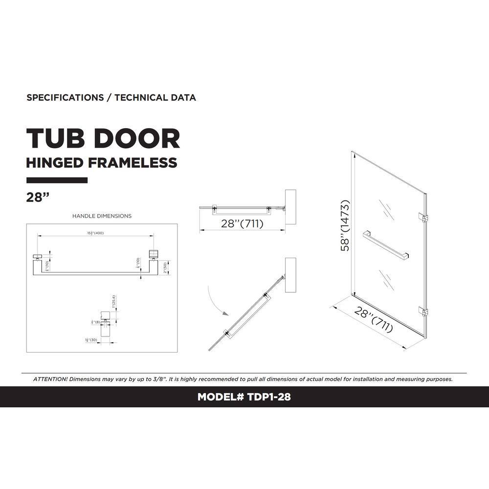 28'' W x 58'' H Black Frameless Glass Tub Door