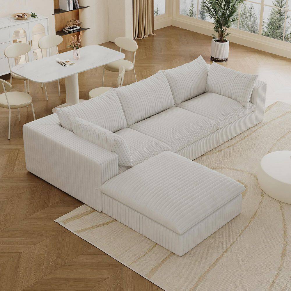 Jacob 118.2 in. Square Arms 4-Piece Corduroy Modular Compressed Sectional Sofa in White with Ottoman, Deep Seat Couches