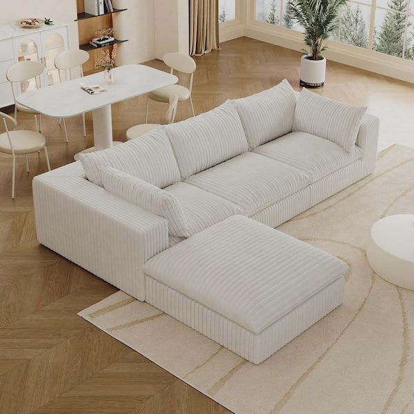 Jacob 118.2 in. Square Arms 4-Piece Corduroy Modular Compressed Sectional Sofa in White with Ottoman, Deep Seat Couches