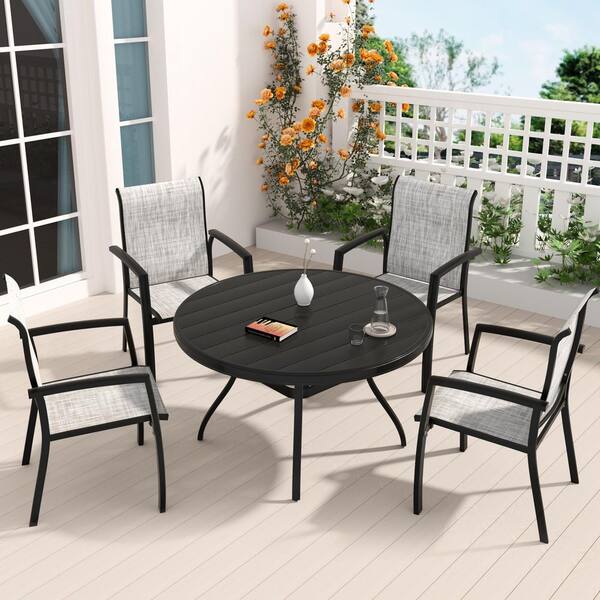5-Pieces Black Metal Stackable Patio Dining Set with Textilene Dining Chairs and Round Table