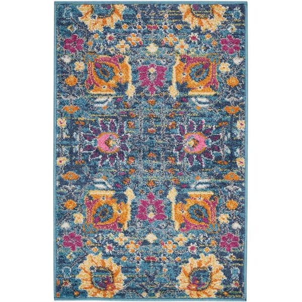 Nourison Passion Denim doormat 2 ft. x 3 ft. Floral Transitional Kitchen Area Rug