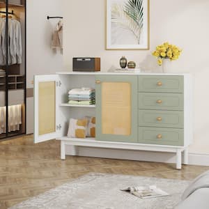 Pealaa Mint Green White Rattan Wood 47 in. 4-Drawer Dresser Farmhouse Chest of Drawer 2-Tier Storage Cabinet