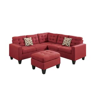 4-Piece Red Linen 6-Seater L-Shaped Sectional Sofa with Ottoman