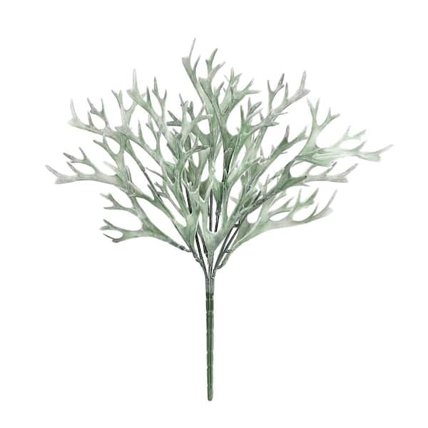 LIVING LUXURY 13 in. Frosted Green Artificial Staghorn Leaf Stem Plant Greenery Foliage Bush (Set of 6)