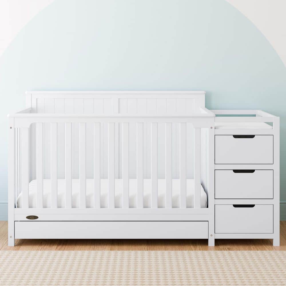 White 5-in-1 Convertible Crib and Changer with Drawer
