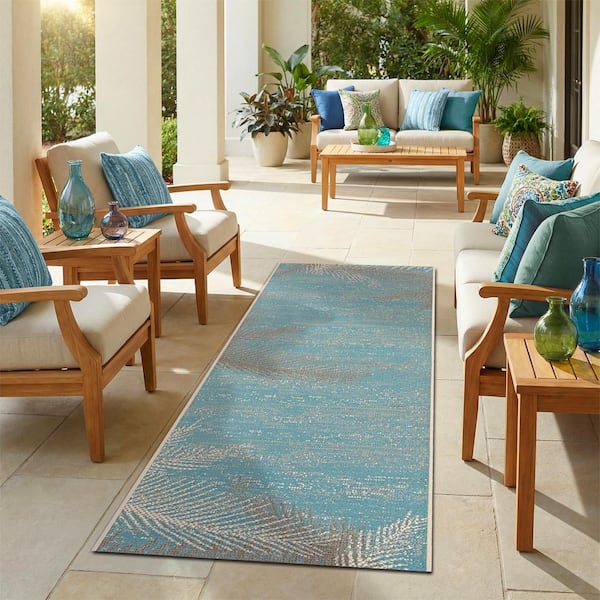 Monaco Tropical Palms Aqua Blue 2 ft. x 8 ft Coastal Flatwoven Floral Polypropylene Runner Indoor/Outdoor Area Rug