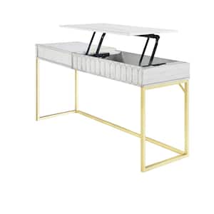 Gotheimer 56.75 in. Rectangular Antique White and Gold Writing Desk with Lift-Top