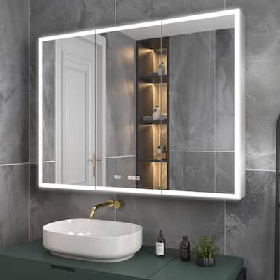 48 in. W x 36 in. H Rectangular Silver Aluminum Recessed/Surface Mount Medicine Cabinet with Mirror, LED and Clock