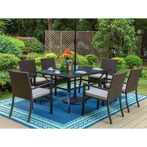 Black 8-Piece Metal Slat Rectangle Table Patio Outdoor Dining Set with Beige Umbrella, Rattan Chairs with Beige Cushion