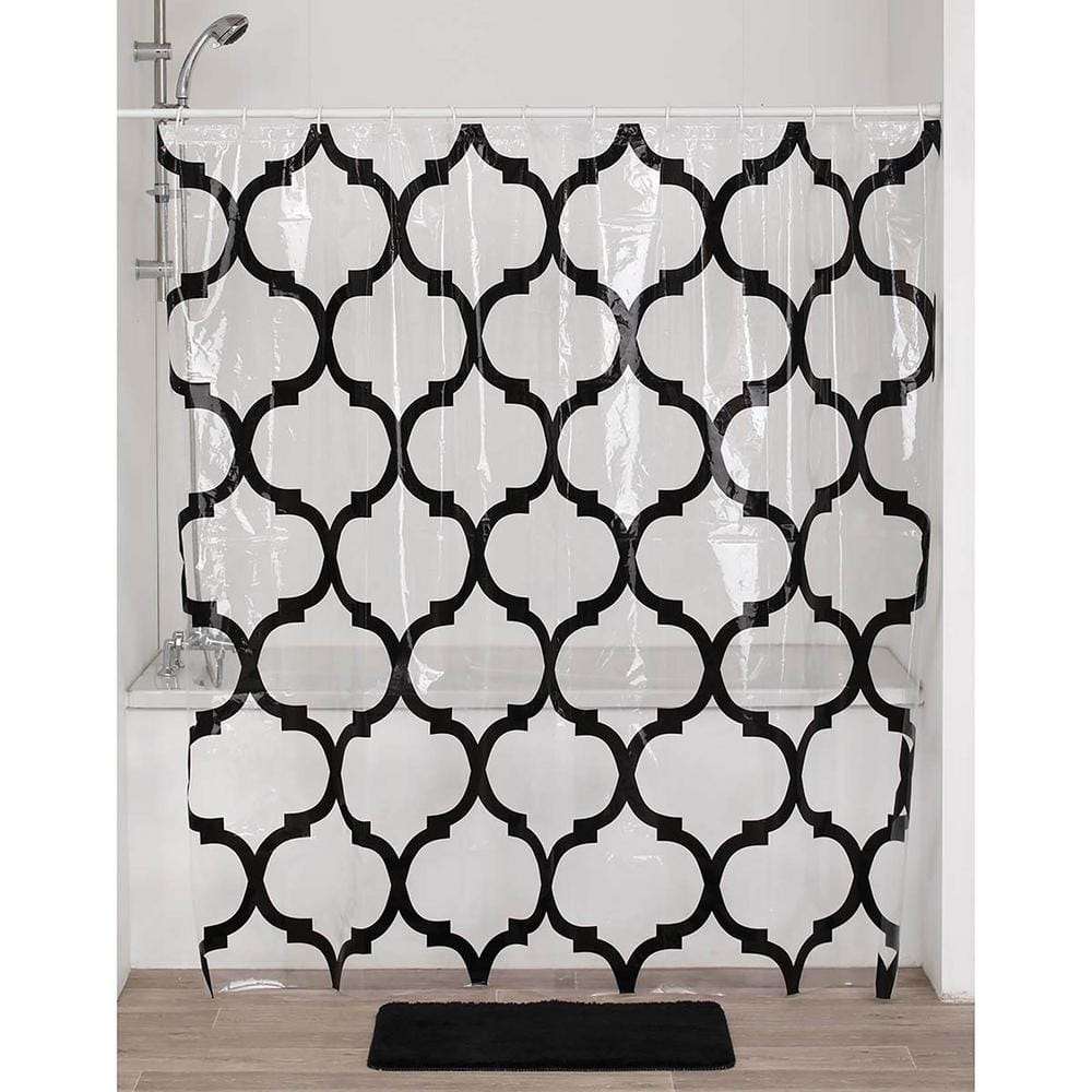 Transparent PEVA Shower Curtain with Black Arabesque Design, 71x71 Inches