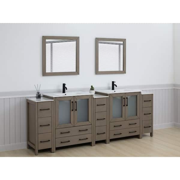 96 in. W x 18 in. D x 36 in. H Driftwood Gray Bath Vanity with White Ceramic Top and Mirror