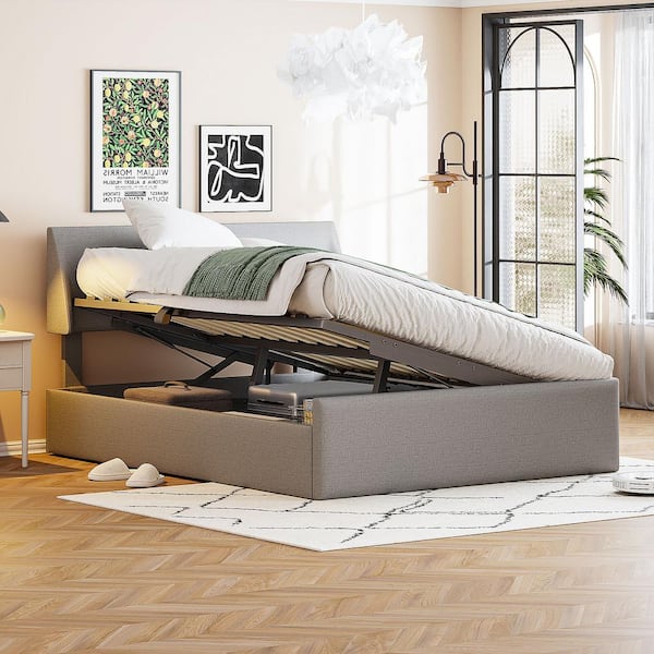 Harper & Bright Designs Gray Wood Frame Full Size Linen Sleigh Bed with Side-Tilt Hydraulic Storage System