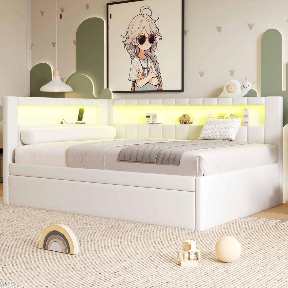 White Full Size Daybed with USB Ports and LED Belt, Trundle