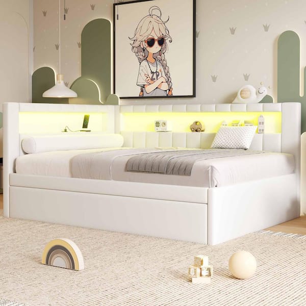 White Full Size Daybed with USB Ports and LED Belt, Trundle