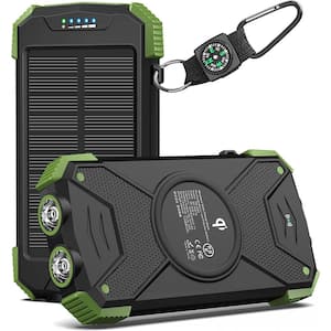 Solar Charger Power Bank 10,000mAh External Battery Pack Type C Input Output Dual Super Bright Flashlight in Dark Green