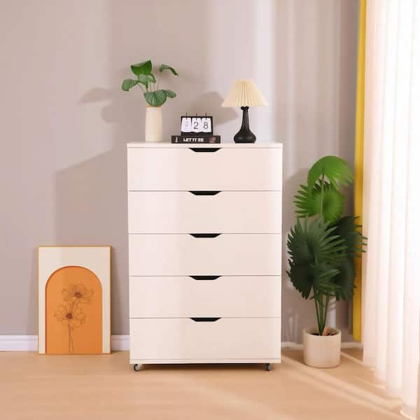 Noble House Alfonsine White 5-drawer 31.25 in. W Chest of Drawers with Wheels 182810 Noble House Alfonsine White 5-drawer 31.25 in. W Chest of Drawers with Wheels 182810
