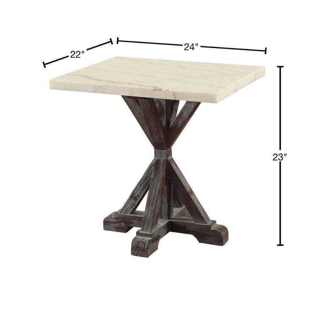 Romina Weathered Espresso Pine Wood & White Marble End Table