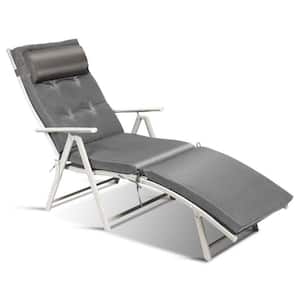 Metal Folding Outdoor Patio Chaise Lounge Adjustable Recliner with Gray Cushion