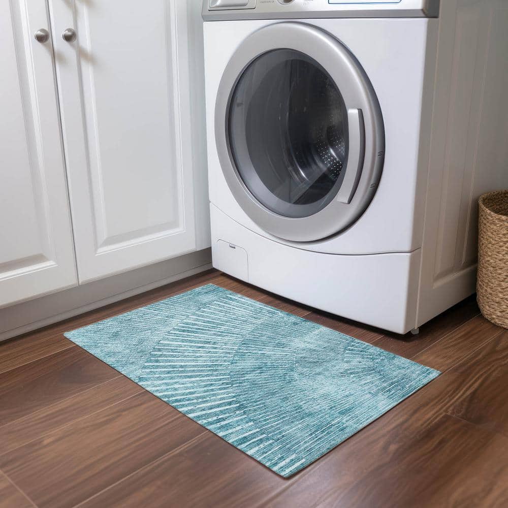 Teal Geometric Flat Woven Machine Washable Area Rug