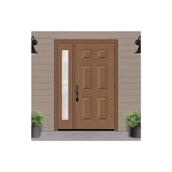 Regency 51 in. x 80 in. 6 Panel LHOS AutumnWheat Stain Mahogany Fiberglass Prehung Front Door w/Obscure12in. SL 4-9/16