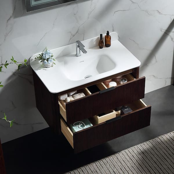 Wenlorin 36 in. Single Sink Floating Walnut Bath Vanity with White Acrylic Top Pre-Assembled