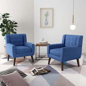 Blue Linen Arm Chair 2 with Tufted Cushions (Set of 2)