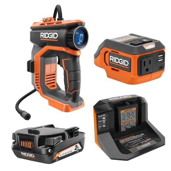 18V Cordless Portable Inflator with 18V Cordless AC Inverter, 2.0 Ah Lithium-Ion Battery, and Charger