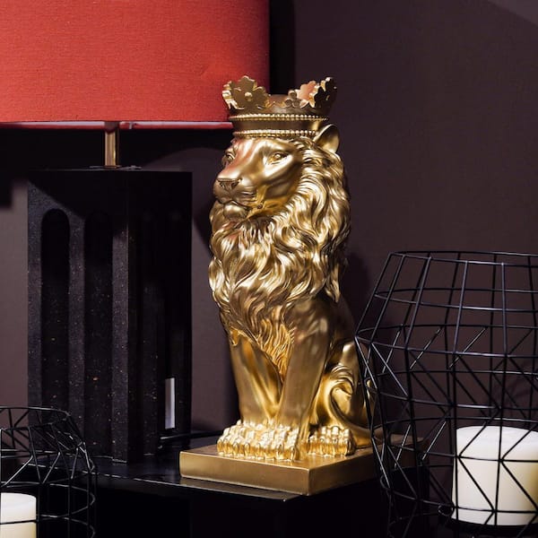 15 Inch Resin Lion Statue-Outdoor Collectible Figurine Gold Crown