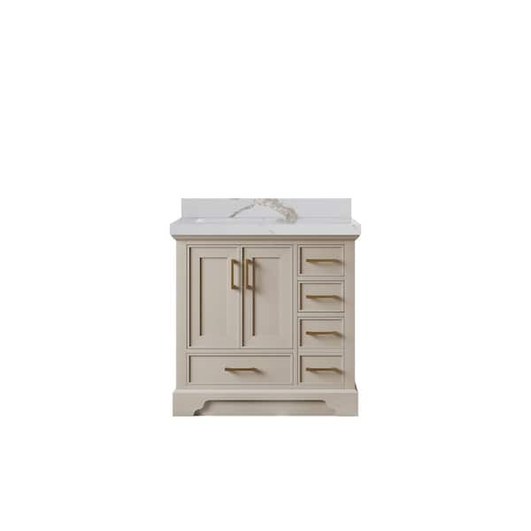 Willow Collections Charlotte 36 in. Left Offset Sink Freestanding Fine Grain Bath Vanity with Calacatta Gold Qt. Top Unassembled