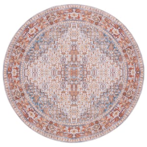 Tucson Beige/Rust 6 ft. x 6 ft. Machine Washable Floral Border Distressed Geometric Round Area Rug