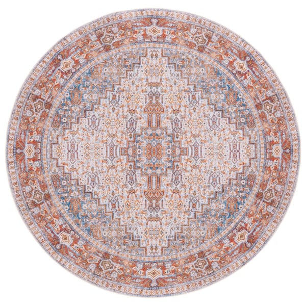 SAFAVIEH Tucson Beige/Rust 6 ft. x 6 ft. Machine Washable Floral Border Distressed Geometric Round Area Rug
