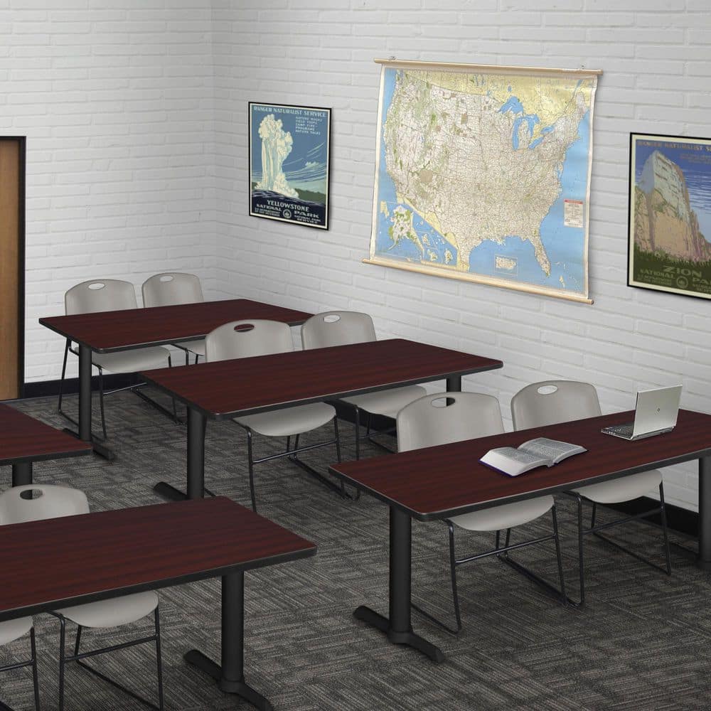 Cain 72 in x 24 in. Mahogany T-Base Training Seminar Table Desk and 2 Zeng Stack Chairs-Grey