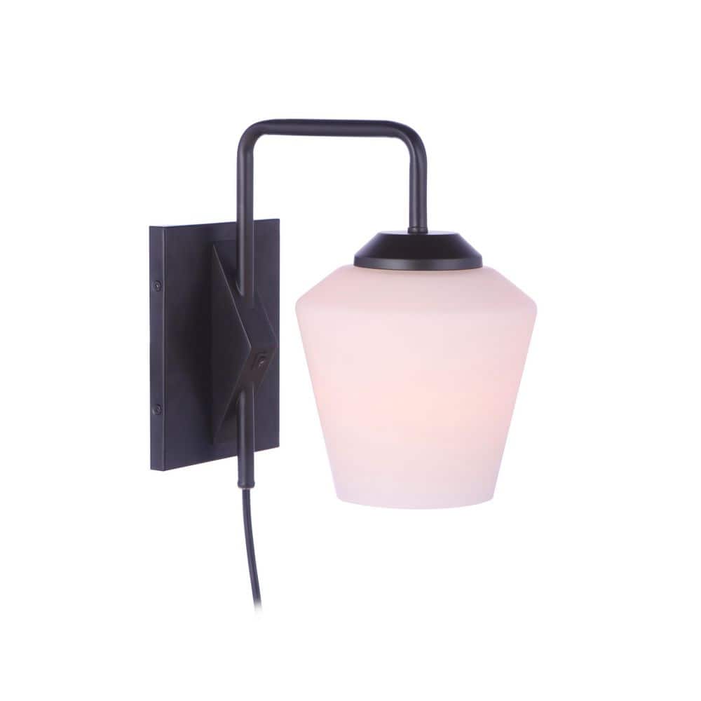Flat Black Plug-In Wall Sconce with Frost White Glass Shade