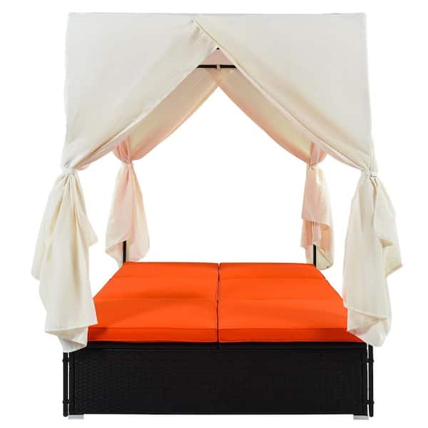 Tenleaf Wicker Adjustable Seats Outdoor Day Bed with Orange Cushions