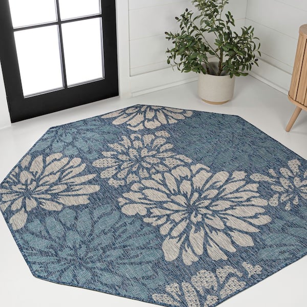 Zinnia Modern Floral Textured Weave Navy/Aqua 5 ft. Octagon Indoor/Outdoor Area Rug
