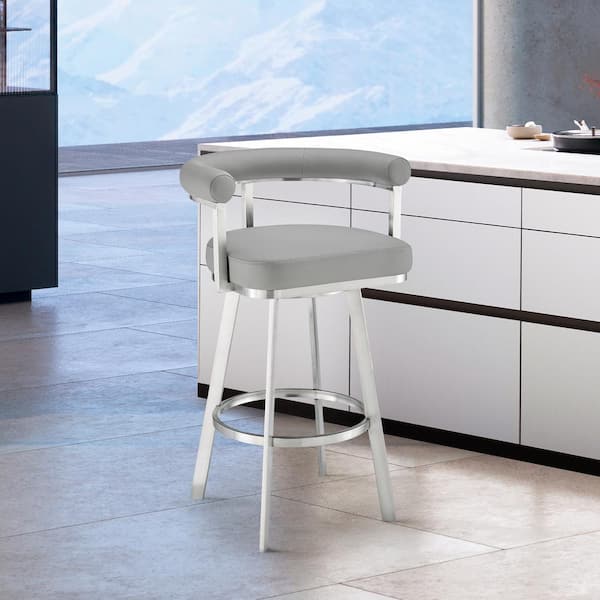 Armen Living Nolagam 34-38 in. Grey/Brushed Stainless Steel Metal 30 in. Bar Stool with Faux Leather Seat