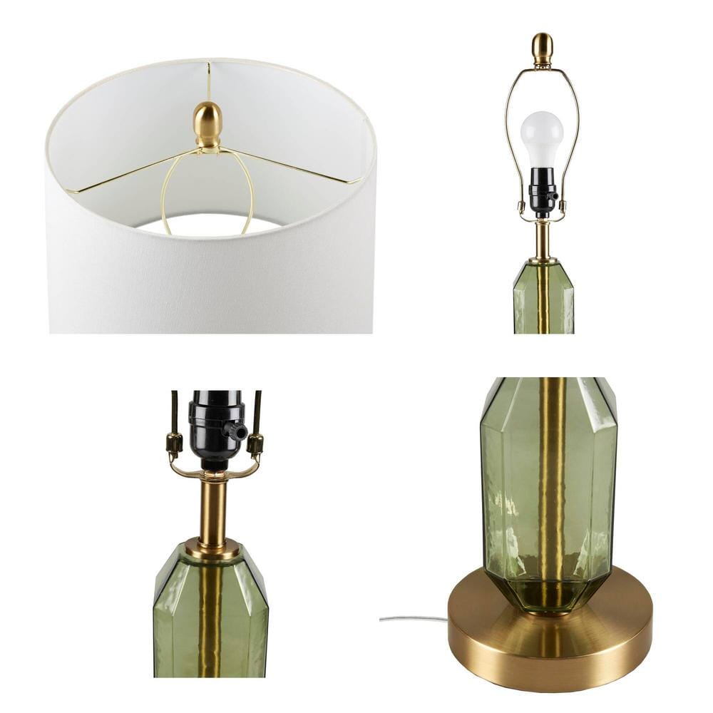 Green Faceted Glass Table Lamp with White Shade and Gold Base