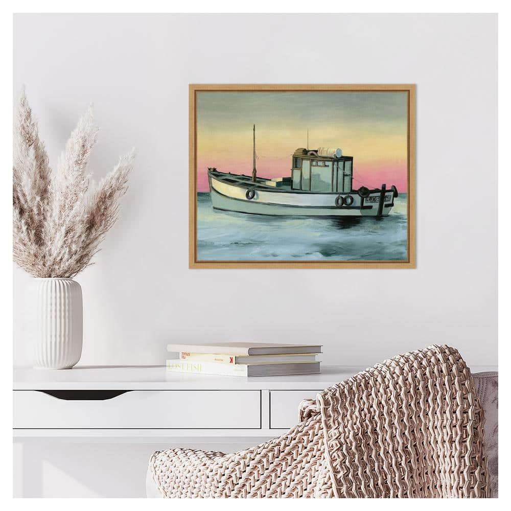 Golden Hour Casting II Coastal Canvas Art with Maple Frame