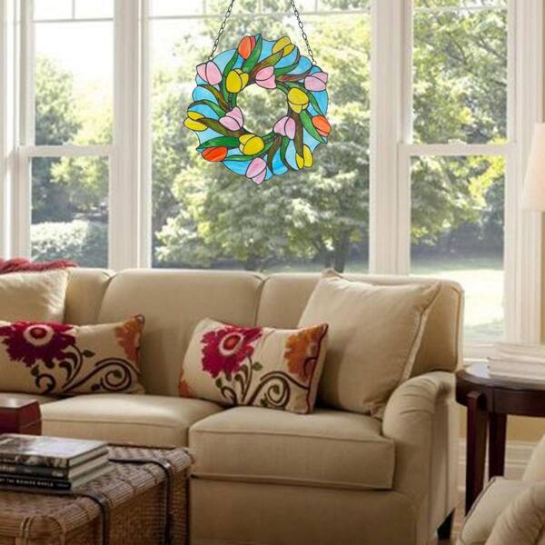 Blue Tulip Stained Glass Art Glass Window HDFH6HJ7VZ - The Home Depot