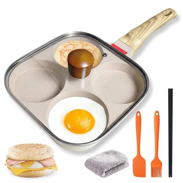 4‑Cup Aluminum Egg Pan Set with Lid, Silicone Scraper, Oil Brush, Chopsticks, Cleaning Cloth, for Breakfast, White