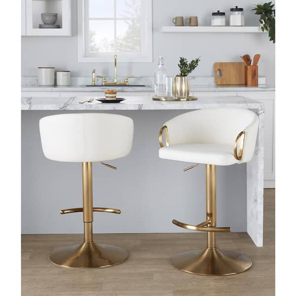 Claire 32.5 in. White Faux Leather and Gold Metal Adjustable Bar Stool with Rounded T Footrest (Set of 2)